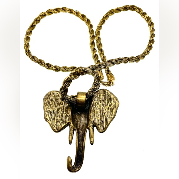 Vintage Large Brass Elephant Pendant on Black and Gold Cord Necklace Boho - Picture 6 of 8